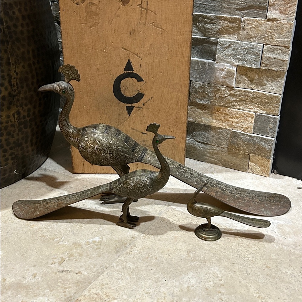 Set of 3 Vintage Brass Peacock Figurines